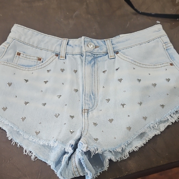 Topshop Blue and Silver Jean Shorts with Studded Heart Embellishments - Picture 7 of 9